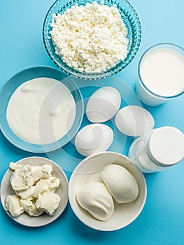 Protein products: cheese, cream, milk, eggs on the blue background.