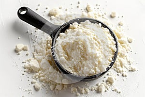 Protein and scoop on white background, concert of sports nutrition.