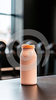 A protein shake bottle placed on a workout bench with weights in the background.