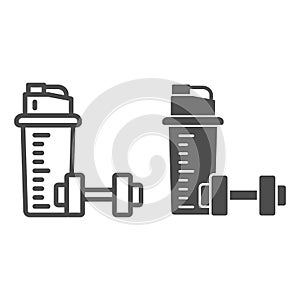 Protein shake and Dumbbell line and solid icon, Gym concept, Protein shaker sign on white background, Sport shaker