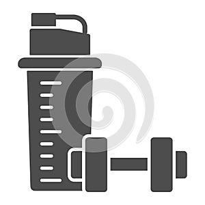 Protein shake and Dumbbell solid icon, Gym concept, Protein shaker sign on white background, Sport shaker bottle with