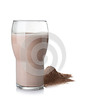 Protein shake in glass and powder isolated