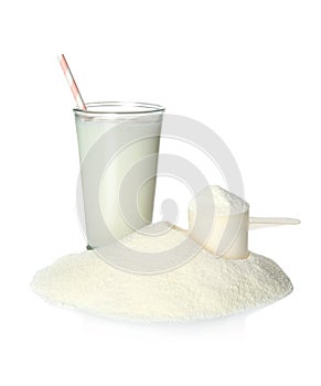 Protein shake in glass and powder isolated