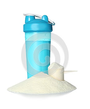 Protein shake in sport bottle and powder isolated