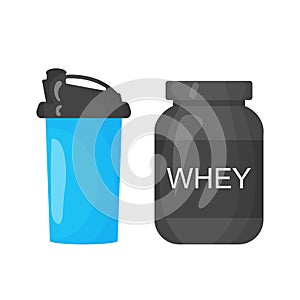 Protein and shaker icon on the white background. Sports equipment illustration set for gym or fitness flayers photo