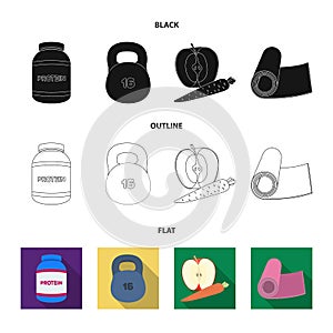 Protein, vitamins and other equipment for training.Gym and workout set collection icons in black,flat,outline style