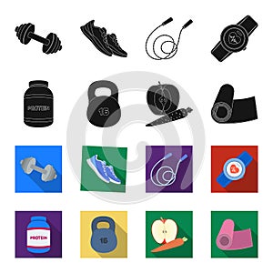 Protein, vitamins and other equipment for training.Gym and workout set collection icons in black,flet style vector
