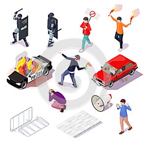 Protest action isometric icon set. Police officer, protester, burning car. Riot, revolution, demonstration, rally strike