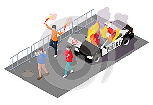 Protest action, vector isometric illustration. Violent public disturbance, civil unrest, street riot.