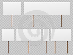 Protest banners. Blank white placard with wooden stick. Politic strike boards realistic vector template