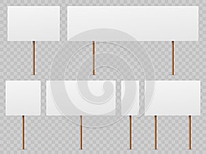 Protest banners. Blank white placard with wooden stick. Politic strike boards realistic vector template photo