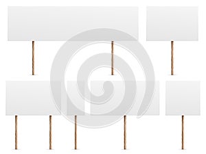 Protest banners. Realistic white placards for demonstrations. 3D blank boards on wooden sticks set. Politic strike