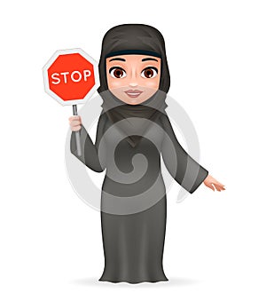 Protest fight for equal rights stop sign arabe tradicional cute female clothing hijab abaya 3d cartoon character design photo