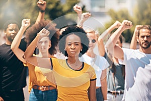 Protest, group of people with hands in air in street and solidarity for womans rights, human rights and against war