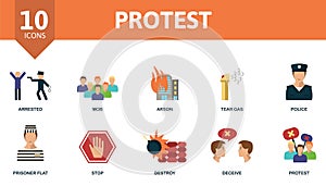 Protest icon set. Contains editable icons protest theme such as mob, tear gas, prisoner and more.