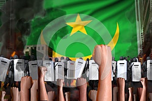 Protest in Mauritania - police officers stand against the angry crowd on flag background, mutiny stopping concept, military 3D