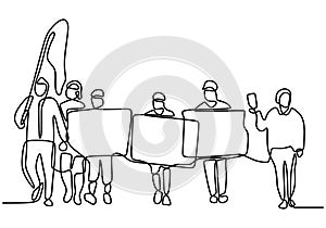 Protest one continuous line drawing. Crowd of people holding blank board and flag. Activist and social issue concept. Vector