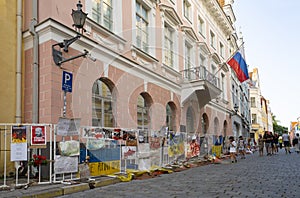 Protest placards in front of the Russian Embassy in Tallinn, Estonia