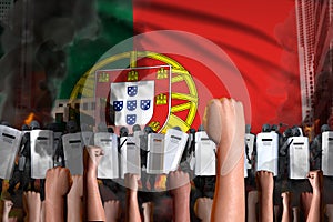 Protest in Portugal - police guards stand against the protesting crowd on flag background, riot fighting concept, military 3D