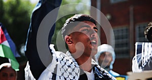 Protest, poster and people in city with flag, billboard and sign for freedom, justice and human rights in Palestine