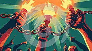 Protest propaganda, retro poster style, chains, torch, crowd, victory gesture, Happy Revolution Day, People raise their fists.