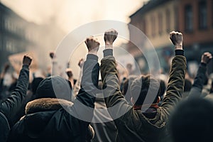 Protest scene aggressive people, fists raised, viewed from behind