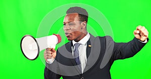 Protest, speaking and a black man with a megaphone on a green screen isolated on a studio background. Shouting, riot and