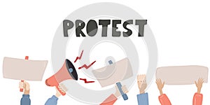 Protest. Vector illustration of people holding signs, banner, megaphone, placards on a protest demostration. People against photo