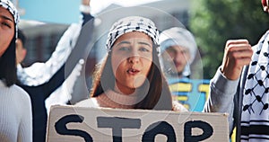 Protest, war and woman with sign to stop genocide for justice and crowd with support of Palestine. Angry, speech and