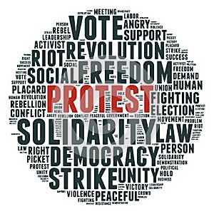 Protest word cloud  for protest articles on the topic of strikes, insurrection, political conflict or voting. Vector illustration photo