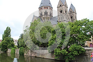 protestant church (temple neuf) and moselle river - metz - france