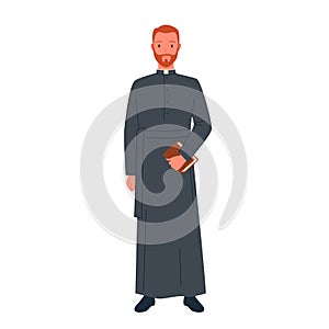 Protestant priest, religious leader character with beard holding Bible holy book in hand