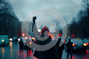 Protester with raised fist on a rainy city street