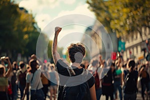 Protester raising fist in a dynamic street demonstration