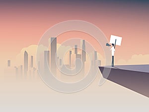 Protester speaking through megaphone or bullhorn and holding a placard, banner vector icon. Corporate background. Symbol