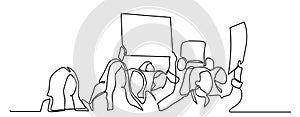 Protesters crowd simple black and white vector backview. One continuous line drawing, illustration, background