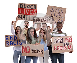 Protesters demonstrating different anti racism slogans on white background. People holding signs with phrases