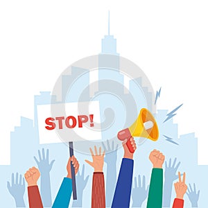 Protesters hands holding protest signs, crowd of angry people. Vector illustration
