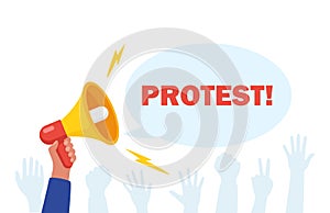 Protesters hands holding protest signs, crowd of angry people. Vector illustration