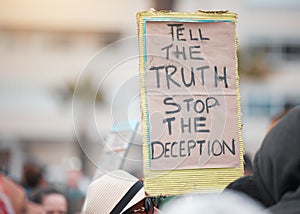 Protesters, sign and political or demonstration with board, slogan and beliefs for fight against society views on people