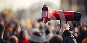 Protesting person with megaphone close-up blurred background, concept of Cause