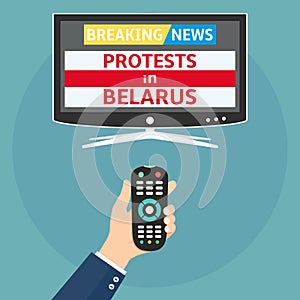 Protests in Belarus breaking news flat design concept. Human holding remote control and watch smart tv with protests in Belarus photo