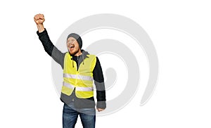 Protests yellow vests. Man raised his hand into a fist and shouted on isolated photo