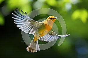 Prothonotary Warbler in Flight Amidst Green Foliage