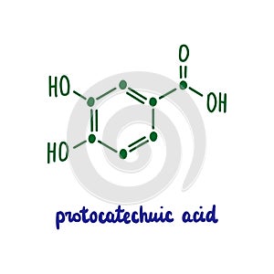 Protocatechuic acid hand drawn vector formula chemical structure lettering blue green