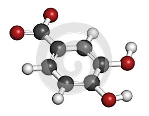 Protocatechuic acid PCA green tea antioxidant molecule. 3D rendering. Atoms are represented as spheres with conventional color.