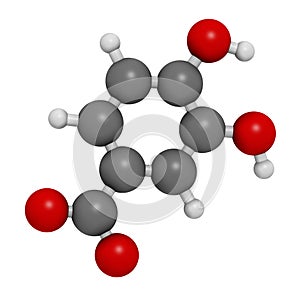 Protocatechuic acid (PCA) green tea antioxidant molecule. 3D rendering. Atoms are represented as spheres with conventional color