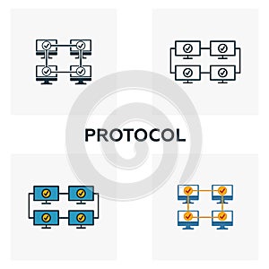 Protocol icon set. Four elements in diferent styles from blockchain icons collection. Creative protocol icons filled, outline,