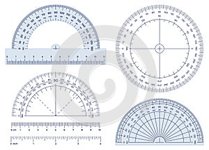 Protractor. Angles measuring tool, round 360 protractors scale and 180 degrees measure vector illustration set