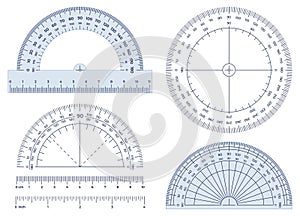 Protractor. Angles measuring tool, round 360 protractors scale and 180 degrees measure vector illustration set